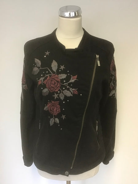 MONARI BLACK ROSE EMBROIDERED  & STUD TRIM COTTON JACKET SIZE 16
