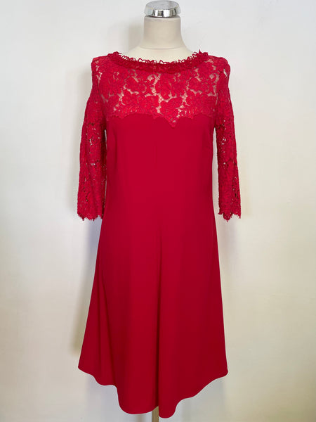 MARCCAIN RED LACE TRIMMED 3/4 SLEEVE A LINE DRESS SIZE 4 UK 14