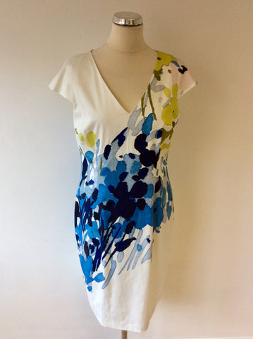 HOBBS INVITATION WHITE,BLUE & LIME PRINT COTTON DRESS SIZE 14