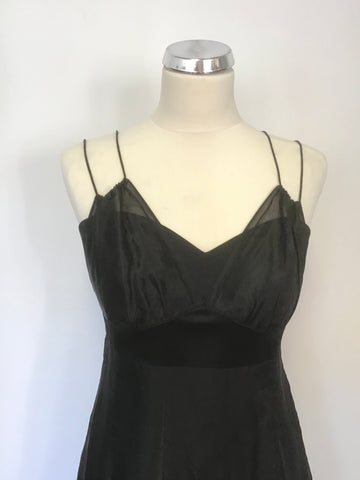 KAREN MILLEN BLACK SILK STRAPPY TIERED FAN SILVER SEQUIN FRILL TRIM DRESS SIZE 10