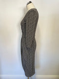 JAEGER BLACK & IVORY CHEVRON PRINT STRETCH V NECKLINE 3/4 SLEEVE PENCIL DRESS SIZE 8