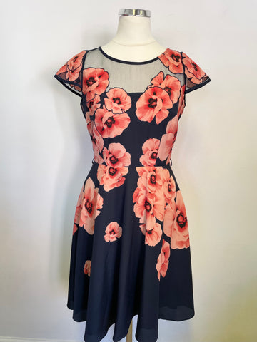 COAST NAVY BLUE & CORAL FLORAL PRINT CAP SLEEVE FIT & FLARE DRESS SIZE 6
