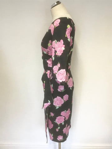 BRAND NEW BOMBSHELL BLACK & PINK ROSE PRINT HALF SLEEVE PENCIL DRESS SIZE 14