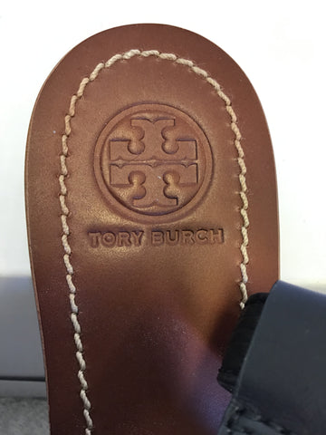 BRAND NEW TORY BURCH NAVY BLUE LEATHER FLAT SANDALS SIZE 5/38