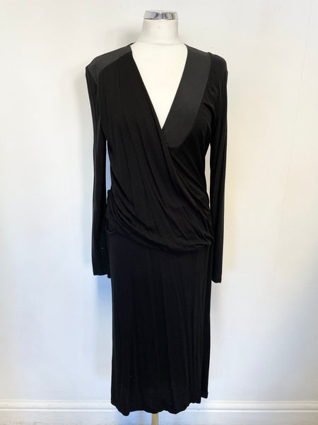 NICOLE FARHI BLACK STRETCH JERSEY V NECK LONG SLEEVED DRESS SIZE 12