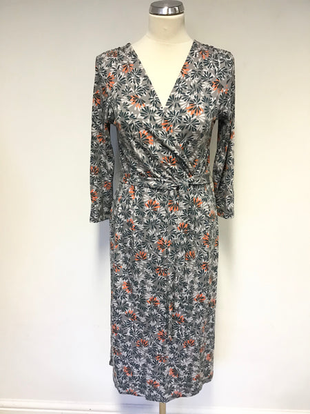 WHITE STUFF GREY,TEAL,WHITE & ORANGE PRINT WRAP STYLE JERSEY DRESS SIZE 10