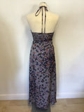 TED BAKER GREY BUTTERFLY PRINT SILK HALTER NECK / STRAPLESS MAXI  DRESS SIZE 1 UK 8
