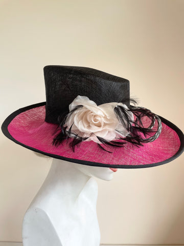 JACQUES VERT DARK PINK,BLACK & CREAM FLOWER, FEATHER & COIL TRIM FORMAL HAT
