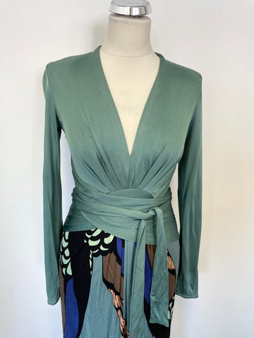 ISSA LONDON GREEN & MULTI COLOURED SILK LONG SLEEVE MAXI DRESS SIZE 8