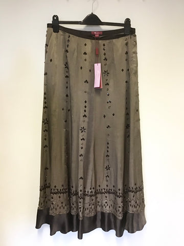 BRAND NEW MONSOON BROWN BEADED & SEQUINNED SILK MAXI SKIRT SIZE 14