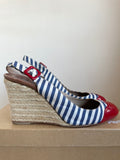 CHRISTIAN LOUBOUTIN BLUE & WHITE CANVAS STRIPE WITH RED TRIM WEDGE HEELS SIZE 5/38