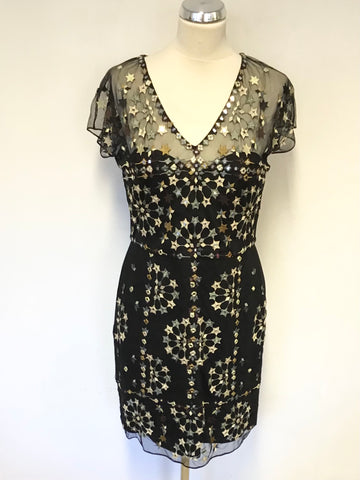 BRAND NEW FRENCH CONNECTION BLACK EMBROIDERED & MIRROR STAR DESIGN OCCASION DRESS SIZE 14