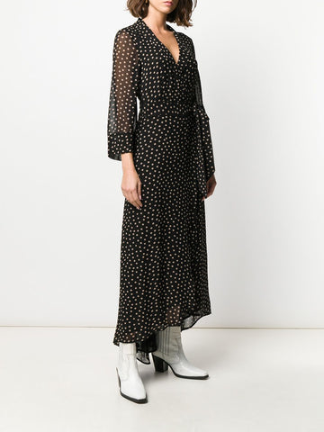 GANNI NAVY BLUE POLKA DOT LONG SLEEVE LONG WRAP DRESS SIZE 36 UK 8/10