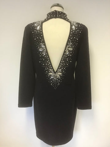 OUTLANDER NAVY BLUE PEARL & JEWEL TRIM LOW V BACK LONG SLEEVE KNIT DRESS SIZE L