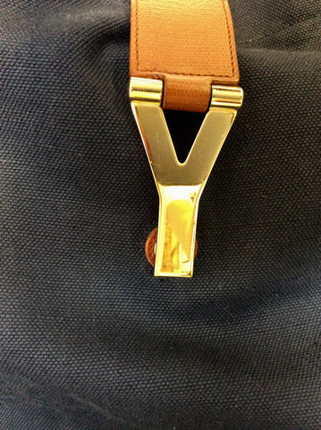 YVES SAINT LAURENT LARGE NAVY BLUE CANVAS & TAN LEATHER HAND/SHOULDER BAG