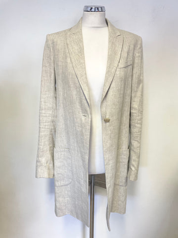 OUI NATURAL/ BEIGE 100% LINEN LONG LINE JACKET SIZE 10