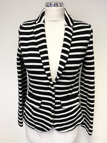 WHISTLES BLACK & WHITE STRIPE COTTON KNIT FITTED JACKET SIZE 8
