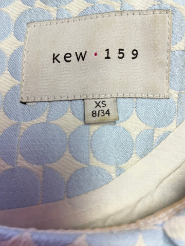 KEW. 159 PALE BLUE & WHITE SPOT PRINT SLEEVELESS COLLARED PENCIL DRESS SIZE 8