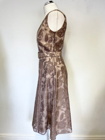 BRAND NEW PHASE EIGHT LIGHT BROWN & CREAM FLORAL FIT & FLARE BELTED DRESS SIZE 10