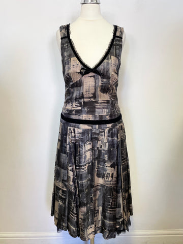 WHISTLES BLACK,GREY & BEIGE PRINT SILK FIT & FLARE SLEEVELESS DRESS SIZE 8