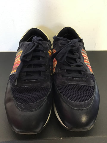 PAUL SMITH NAVY BLUE SUEDE & LEATHER MULTI COLOURED STRIPE TRAINERS SIZE 6/39