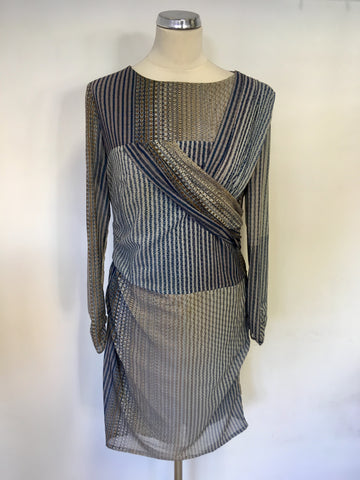 REISS BEULAH BLUE,GREY & BROWN PRINT CHIFFON DRAPED LONG SLEEVE DRESS SIZE 14