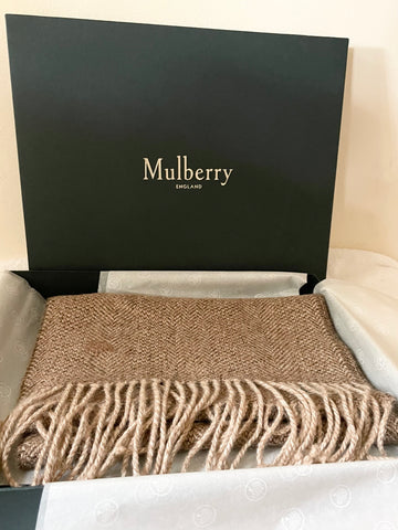 BRAND NEW IN BOX MULBERRY BROWN WEAVE 100% ALPACA FRINGED SCARF