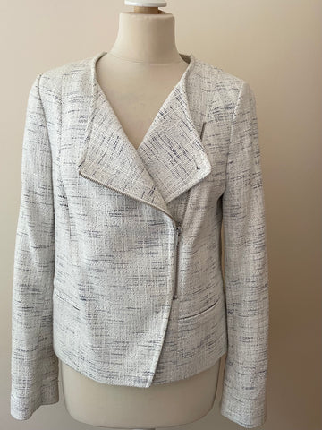 JOHN LEWIS CAPSULE COLLECTION IVORY & NAVY BLUE FLECK COLLARLESS ZIP UP JACKET SIZE 12