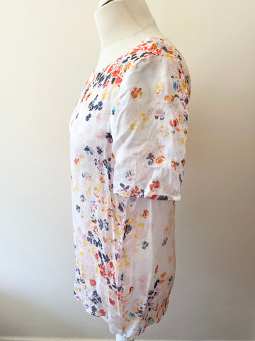 LK BENNETT RANIA MULTICOLOURED FLORAL PRINT SHORT SLEEVE SILK TOP SIZE 10