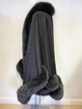 HUNDRED PERCENT CASHMERE DARK GREY FUR TRIM LARGE WRAP AROUND ONE SIZE