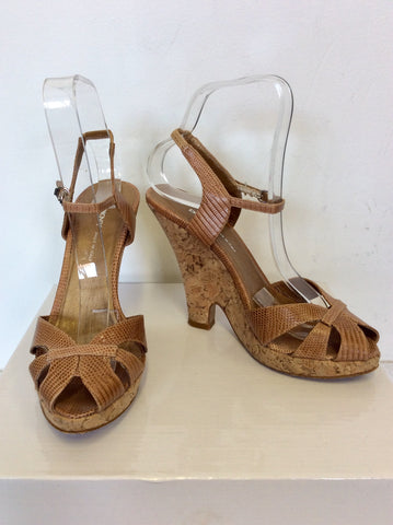 DKNY TAN LEATHER WITH CORK SHAPED WEDGE HEEL SANDALS SIZE 3.5/36