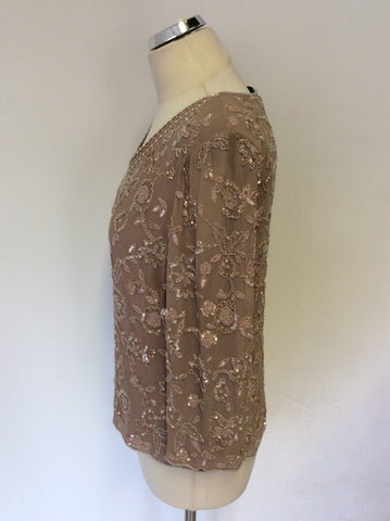 JACQUES VERT TAUPE BEADED & SEQUINNED SILK TOP SIZE 12