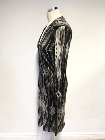 MINT VELVET BLACK,BROWN & GREY PRINT LONG SLEEVE STRETCH PENCIL DRESS SIZE 14