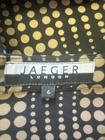 JAEGER BLACK & CAMEL SPOT 100% SILK LONG SLEEVE SHIFT DRESS SIZE 6