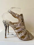 LK BENNETT CAPRI BEIGE & LAVENDER SNAKESKIN HEEL SANDALS SIZE 7/40