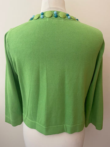 BODEN APPLE GREEN BEADED NECK 3/4 SLEEVE COTTON CROPPED CARDIGAN SIZE 14