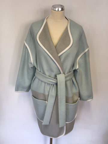 BRAND NEW ICEBERG DUCK EGG & GREY OVERSIZE WOOL BLEND TIE BELT COAT SIZE 40/ UK 12