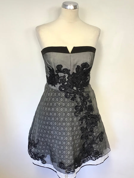 BRAND NEW KAREN MILLEN BLACK & WHITE APPLIQUÉ TRIM STRAPLESS / STRAPPY FIT & FLARE DRESS SIZE 12