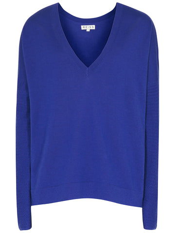 REISS ELECTRIC BLUE RAYA WOOL V NECK JUMPER SIZE M