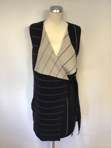 MINT VELVET DARK BLUE & CREAM PINSTRIPE WOOL BLEND SLEEVELESS TIE SIDE JACKET SIZE M