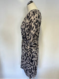 WHISTLES BLACK,GREY & NUDE PRINT SILK SHORT SLEEVE REAR ZIP PENCIL DRESS SIZE 12