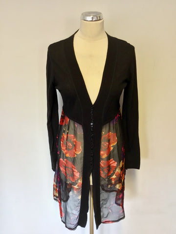 EAST BLACK COTTON & RED FLORAL SILK PRINT LONG CARDIGAN SIZE 12