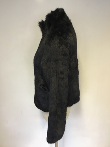ZARA WOMAN BLACK RABBIT FUR & LEATHER ZIP UP JACKET SIZE L