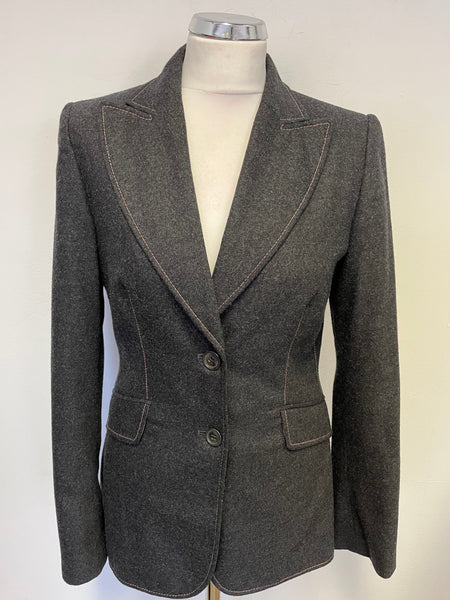 LK BENNETT GREY WOOL WITH PINK STITCH TRIM FITTED TAILORED JACKET SIZE 10