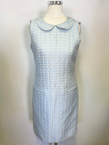 KEW. 159 PALE BLUE & WHITE SPOT PRINT SLEEVELESS COLLARED PENCIL DRESS SIZE 8