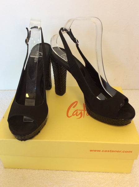 CASTANER BLACK SATIN & LEATHER PEEPTOE & SLINGBACK HEELS SIZE 7/41