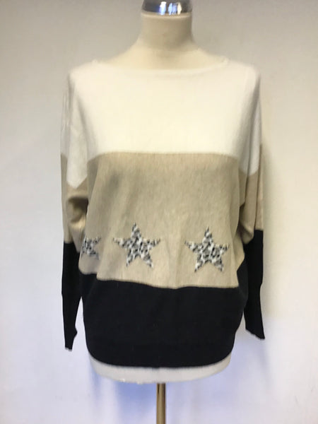 MINT VELVET IVORY,BEIGE & BLACK STRIPE JUMPER WITH LEOPARD PRINT STARS SIZE S