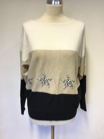 MINT VELVET IVORY,BEIGE & BLACK STRIPE JUMPER WITH LEOPARD PRINT STARS SIZE S