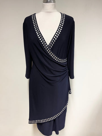 JOSEPH RIBKOFF NAVY BLUE & SILVER STUD TRIM DETAIL SPECIAL OCCASION DRESS SIZE 16