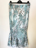 GINA BACCONI DUCK EGG & BROWN PRINT SILK BLEND BEADED TOP & SKIRT SIZE 18/20